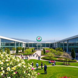 A stunning view of the Azad University campus in Karaj, Iran, showcasing its modern architectural buildings, lush green gardens, and vibrant student life
