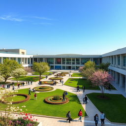 A stunning view of the Azad University campus in Karaj, Iran, showcasing its modern architectural buildings, lush green gardens, and vibrant student life