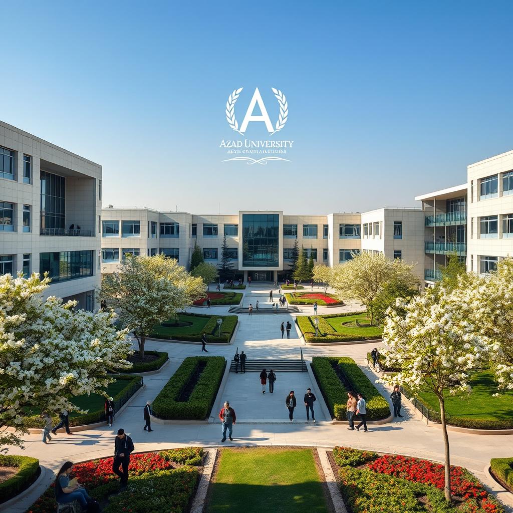 A stunning view of the Azad University campus in Karaj, Iran, showcasing its modern architectural buildings, lush green gardens, and vibrant student life