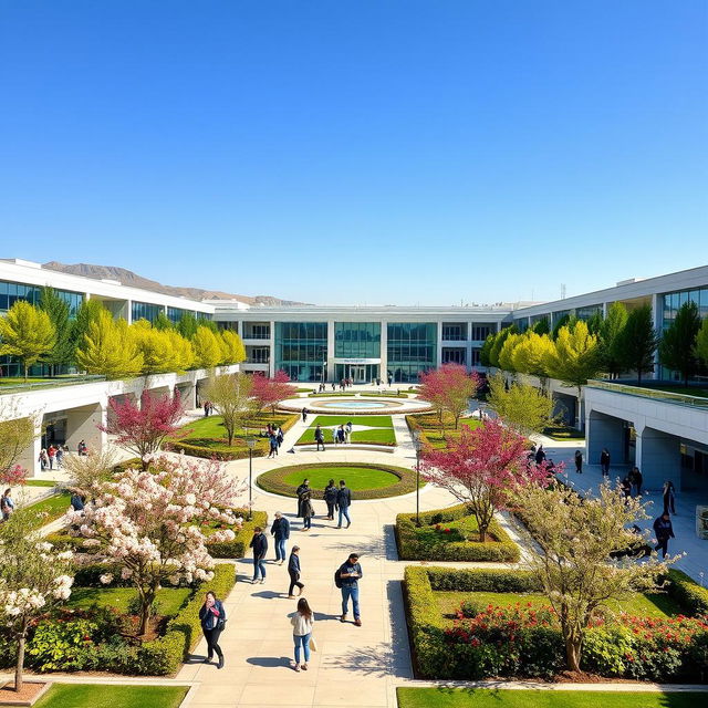 A stunning view of the Azad University campus in Karaj, Iran, showcasing its modern architectural buildings, lush green gardens, and vibrant student life