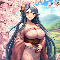 A stunning portrayal of a fantasy character embodying the traits of a classic waifu, featuring a voluptuous figure with large breasts, long flowing hair, and strikingly beautiful facial features