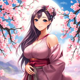 A stunning portrayal of a fantasy character embodying the traits of a classic waifu, featuring a voluptuous figure with large breasts, long flowing hair, and strikingly beautiful facial features