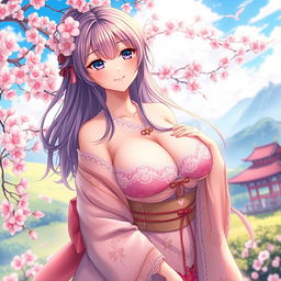 A stunning portrayal of a fantasy character embodying the traits of a classic waifu, featuring a voluptuous figure with large breasts, long flowing hair, and strikingly beautiful facial features