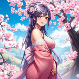 A stunning portrayal of a fantasy character embodying the traits of a classic waifu, featuring a voluptuous figure with large breasts, long flowing hair, and strikingly beautiful facial features