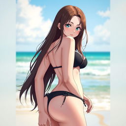 A hot voluptuous anime girl with big breasts and a big butt, featuring long brown hair and pale white skin