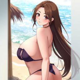 A hot voluptuous anime girl with big breasts and a big butt, featuring long brown hair and pale white skin