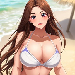 A hot voluptuous anime girl with big breasts and a big butt, featuring long brown hair and pale white skin