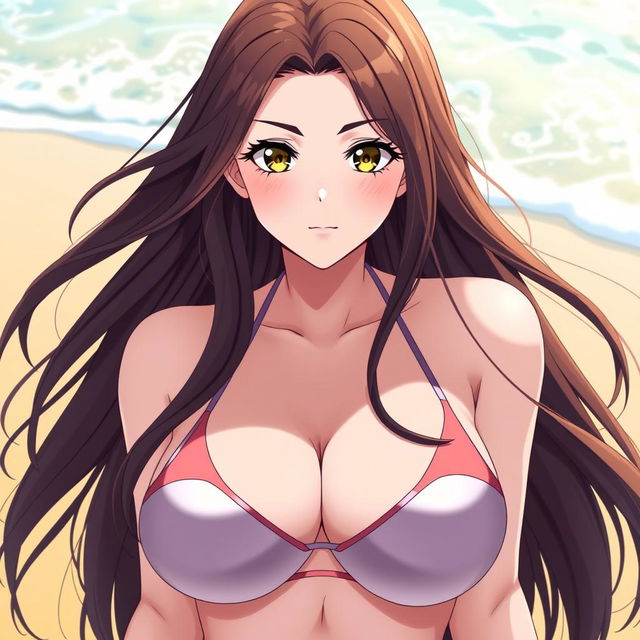 A hot voluptuous anime girl with big breasts and a big butt, featuring long brown hair and pale white skin