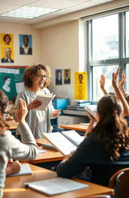 A classroom scene showing a passionate teacher engaging with students while discussing a poem