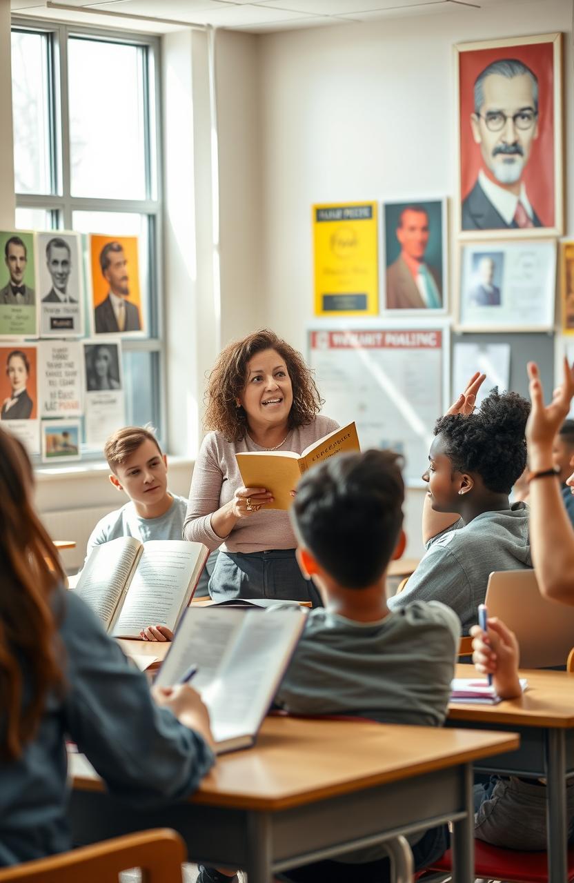 A classroom scene showing a passionate teacher engaging with students while discussing a poem