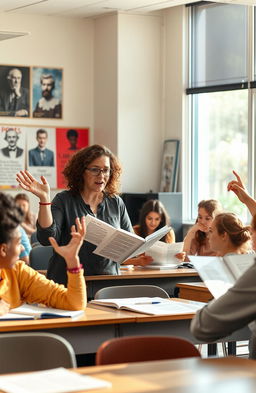 A classroom scene showing a passionate teacher engaging with students while discussing a poem