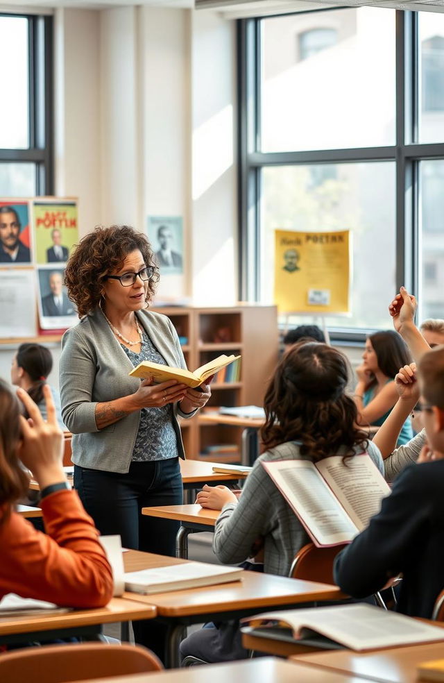 A classroom scene showing a passionate teacher engaging with students while discussing a poem
