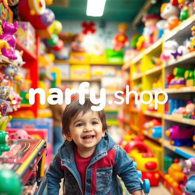 A joyful and smiling child exploring a colorful toy store filled with a variety of toys and games, showcasing one of Turkey's major toy brands