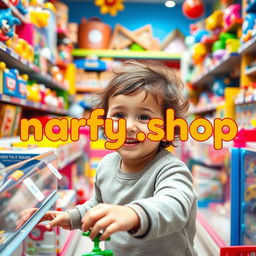 A joyful and smiling child exploring a colorful toy store filled with a variety of toys and games, showcasing one of Turkey's major toy brands