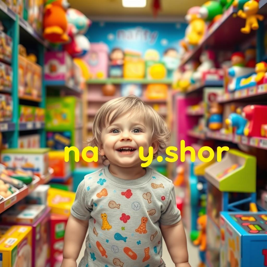 A joyful and smiling child exploring a colorful toy store filled with a variety of toys and games, showcasing one of Turkey's major toy brands