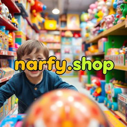 A joyful and smiling child exploring a colorful toy store filled with a variety of toys and games, showcasing one of Turkey's major toy brands