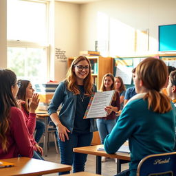 A vibrant classroom setting where an enthusiastic teacher is discussing a poem with her students