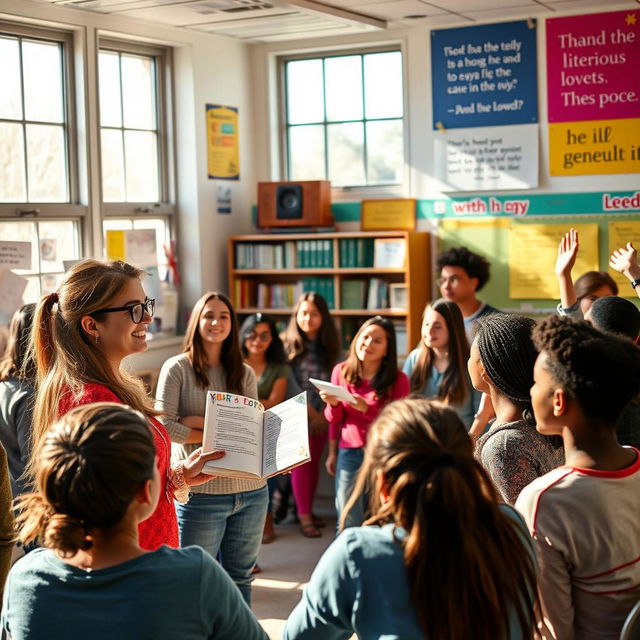 A vibrant classroom setting where an enthusiastic teacher is discussing a poem with her students