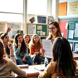 A vibrant classroom setting where an enthusiastic teacher is discussing a poem with her students