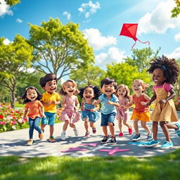 A scene depicting a group of joyful children playing together in a colorful park