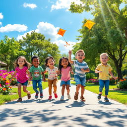 A scene depicting a group of joyful children playing together in a colorful park