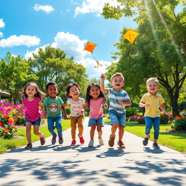 A scene depicting a group of joyful children playing together in a colorful park