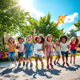A scene depicting a group of joyful children playing together in a colorful park