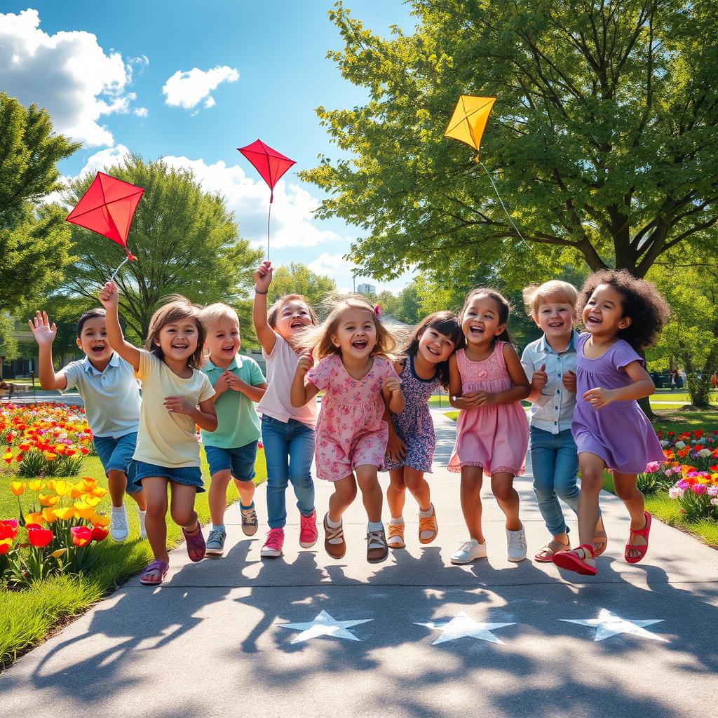 A scene depicting a group of joyful children playing together in a colorful park