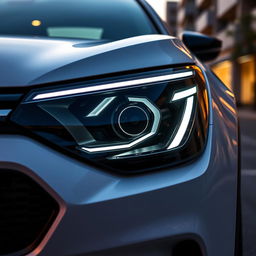 A modified Citroen Basalt headlamp featuring a sleek, modern design with unique LED light patterns, a glossy black exterior, and a futuristic touch