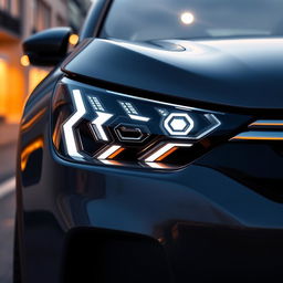 A modified Citroen Basalt headlamp featuring a sleek, modern design with unique LED light patterns, a glossy black exterior, and a futuristic touch
