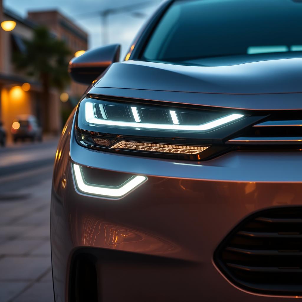 A modified Citroen Basalt headlamp featuring a sleek, modern design with unique LED light patterns, a glossy black exterior, and a futuristic touch