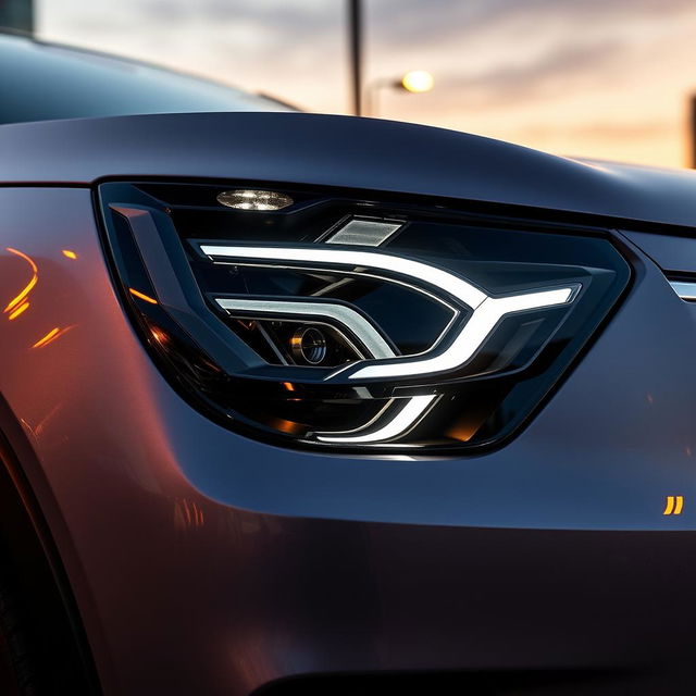 A modified Citroen Basalt headlamp featuring a sleek, modern design with unique LED light patterns, a glossy black exterior, and a futuristic touch