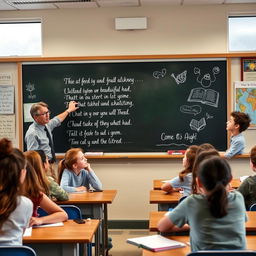 An engaging classroom scene where a teacher is discussing a poem written on a chalkboard
