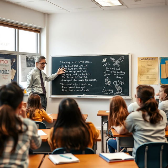 An engaging classroom scene where a teacher is discussing a poem written on a chalkboard