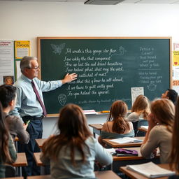 An engaging classroom scene where a teacher is discussing a poem written on a chalkboard