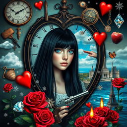 A beautiful, stunning girl with long black hair and crystal blue eyes stands in a surreal, psychedelic world inspired by Salvador Dali