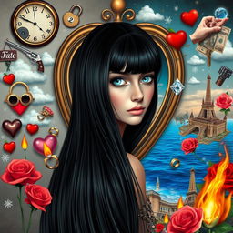 A beautiful, stunning girl with long black hair and crystal blue eyes stands in a surreal, psychedelic world inspired by Salvador Dali