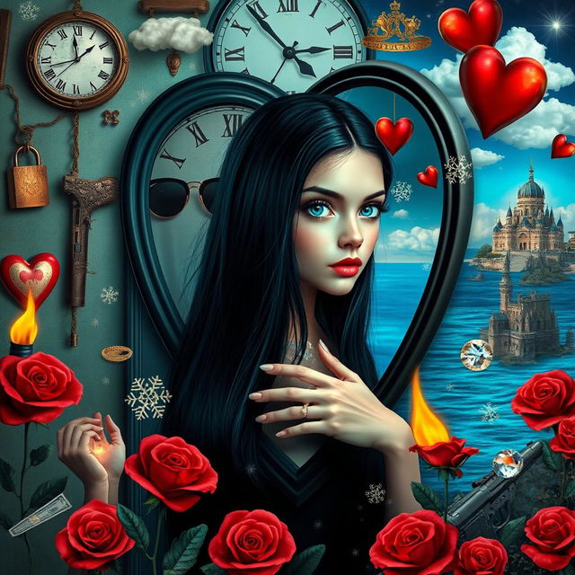 A beautiful, stunning girl with long black hair and crystal blue eyes stands in a surreal, psychedelic world inspired by Salvador Dali