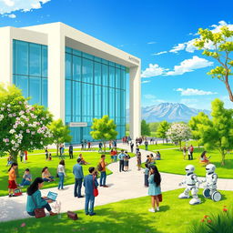 A vivid and detailed illustration of the Artificial Intelligence Faculty in Karaj, Iran