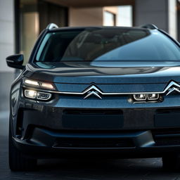 A Citroen car, featuring a sleek and modern design made of basalt material, with distinctive round headlamps that give it a unique character