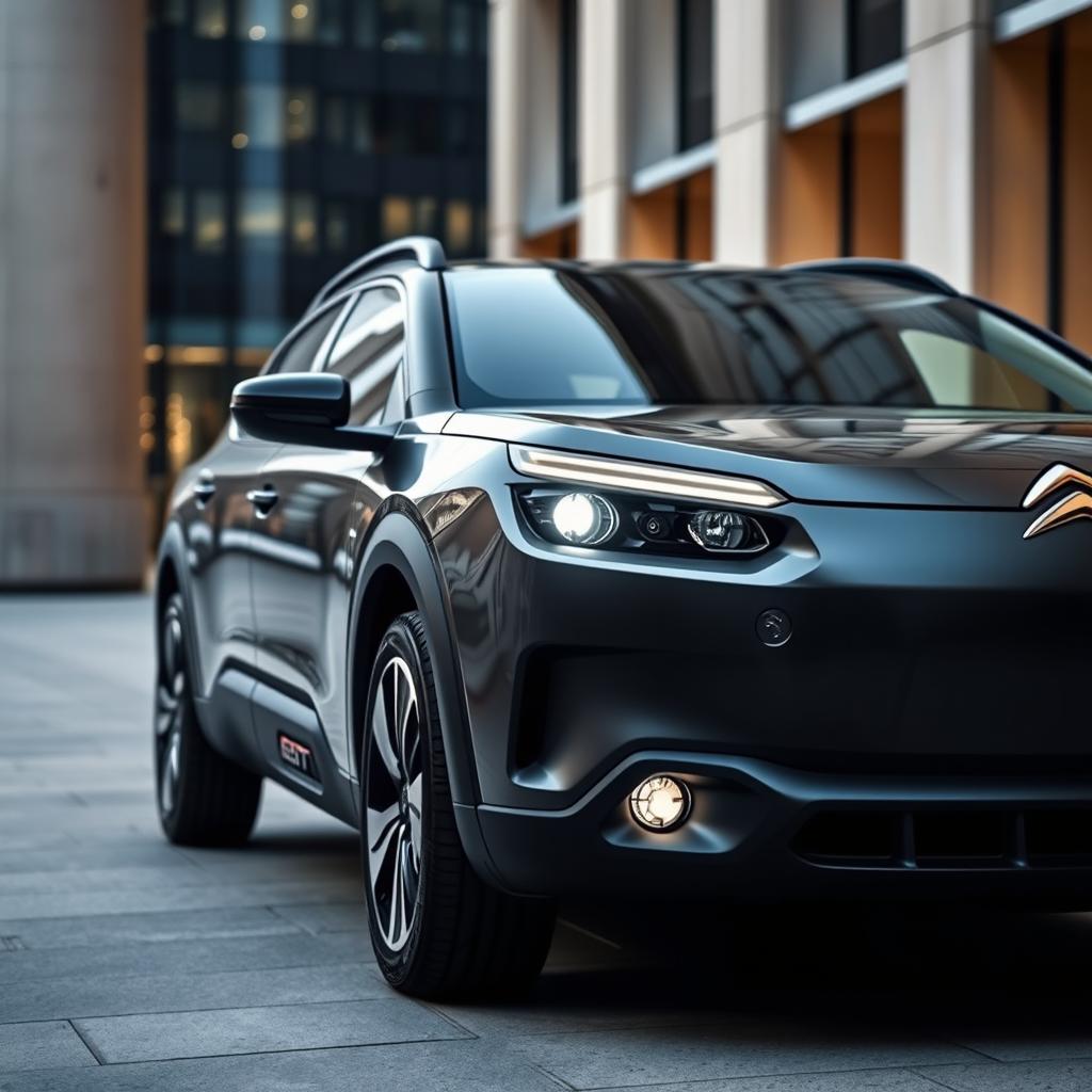 A Citroen car, featuring a sleek and modern design made of basalt material, with distinctive round headlamps that give it a unique character