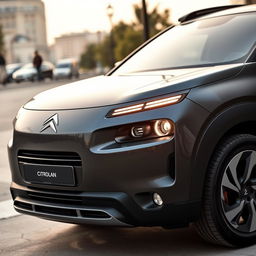 A Citroen car, featuring a sleek and modern design made of basalt material, with distinctive round headlamps that give it a unique character