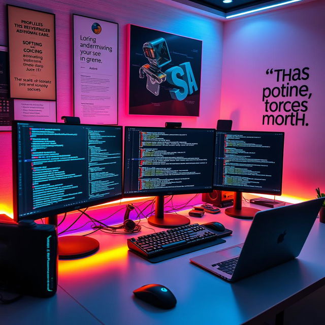 A visually captivating representation of programming, featuring a sleek, modern workspace with multiple monitors displaying lines of code in various programming languages such as Python, JavaScript, and C++