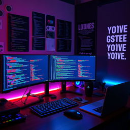 A visually captivating representation of programming, featuring a sleek, modern workspace with multiple monitors displaying lines of code in various programming languages such as Python, JavaScript, and C++