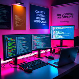 A visually captivating representation of programming, featuring a sleek, modern workspace with multiple monitors displaying lines of code in various programming languages such as Python, JavaScript, and C++