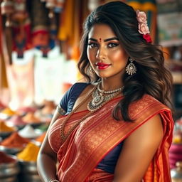 A beautiful busty Indian woman in traditional attire, wearing an intricately designed saree that showcases her curves