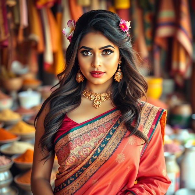 A beautiful busty Indian woman in traditional attire, wearing an intricately designed saree that showcases her curves