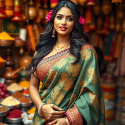 A beautiful busty Indian woman in traditional attire, wearing an intricately designed saree that showcases her curves