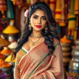 A beautiful busty Indian woman in traditional attire, wearing an intricately designed saree that showcases her curves