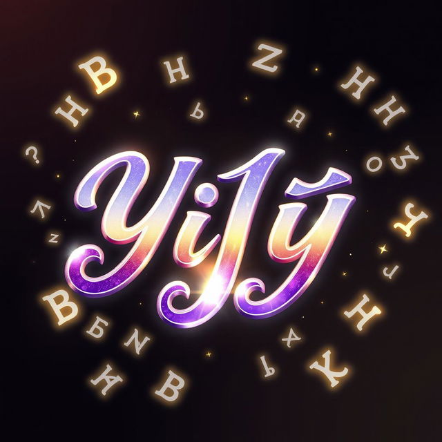 A typographical logo for 'YiYi' designed in a fantasy-inspired style, featuring flowing, elegant script letters adorned with shimmering gradients of lavender, silver, and gold